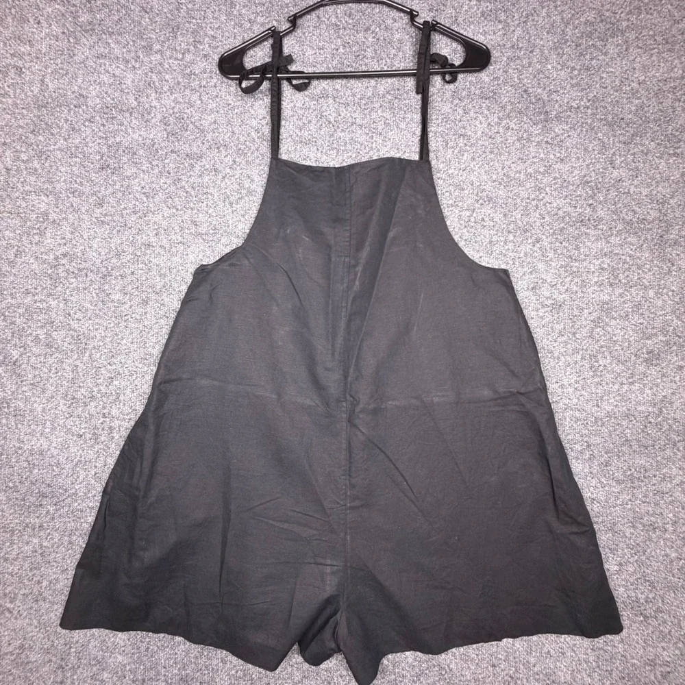 COS Black Linen Blend Tie Shoulder Romper Jumpsuit Womens Small Pockets Minimal